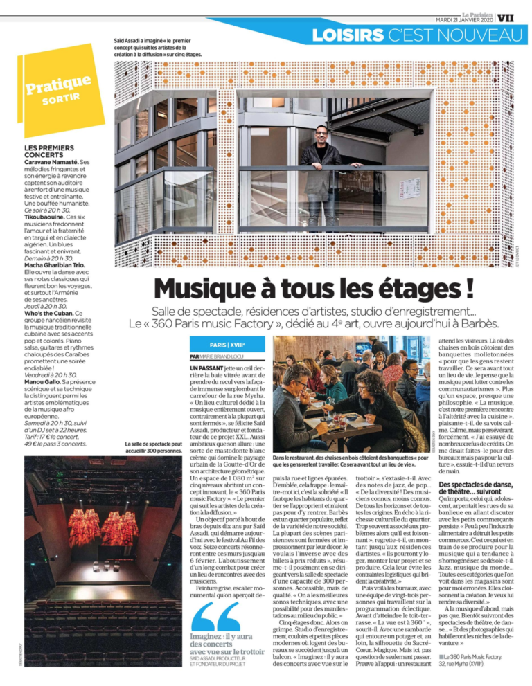 Pleine page dans Le Parisien consacrée au 360 Paris Music Factory